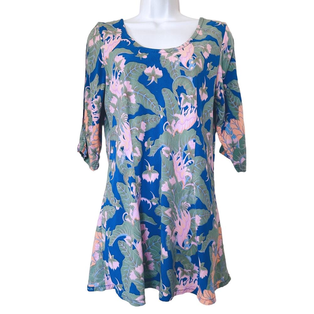 Rainbow Jo 3/4 Sleeve Cold Shoulder Top Tunic Blue Pink Green Floral Size Large